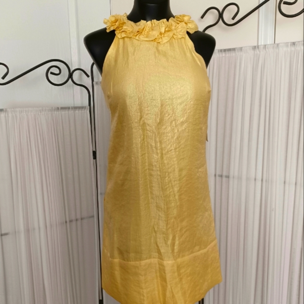 London Times Lemon Yellow Sheath Dress with Ruffled Neck